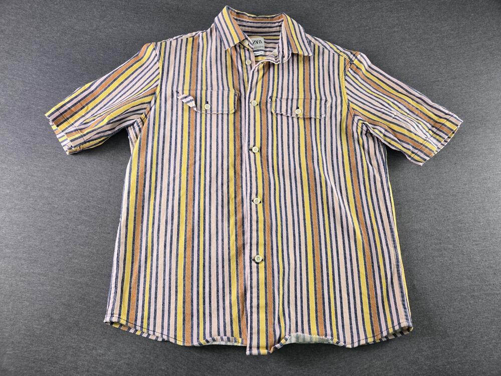 Zara Shirt Mens Medium Multicolor Striped Short Sleeve Button Up Relaxed Fit